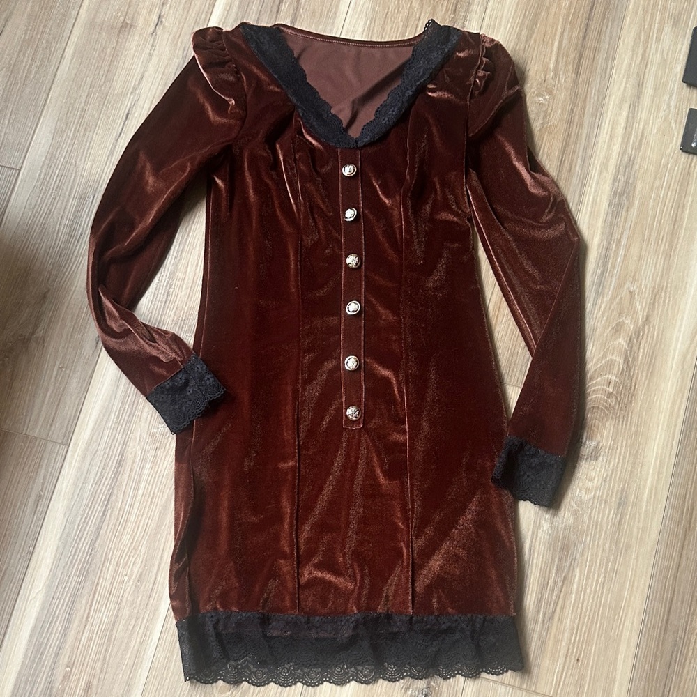 Velvet Dress with Lace Trim and Buttons